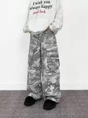 Aknife American Retro Camouflage Workwear Wide-Leg Jeans for Men and Women, European and American High Street Cool Hip-Hop Pants