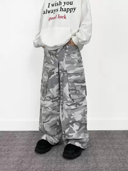 Aknife American Retro Camouflage Workwear Wide-Leg Jeans for Men and Women, European and American High Street Cool Hip-Hop Pants