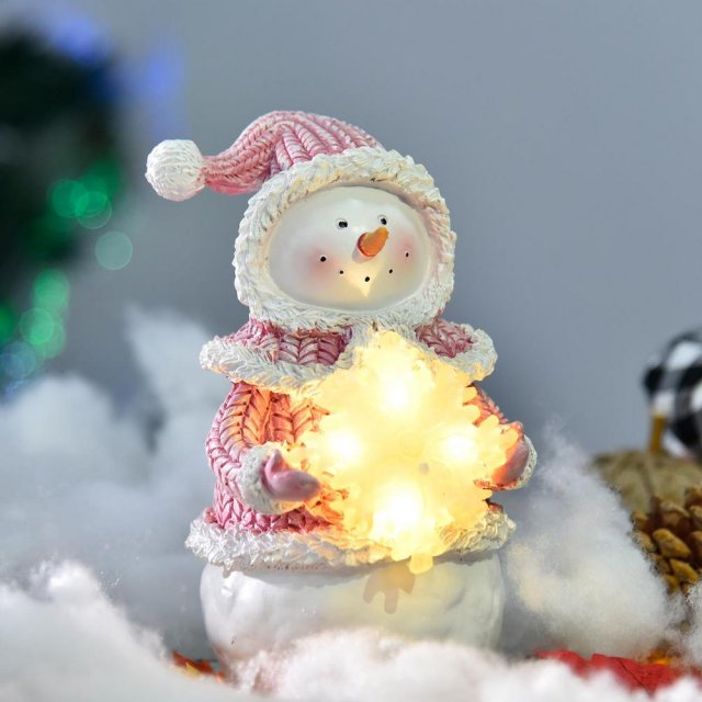 pink christmas snowman santa claus figurine with led holiday