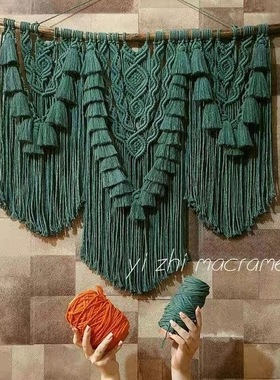 手工编织墨绿色挂毯波西米亚风流苏壁毯墙面装饰百搭家居挂饰ins