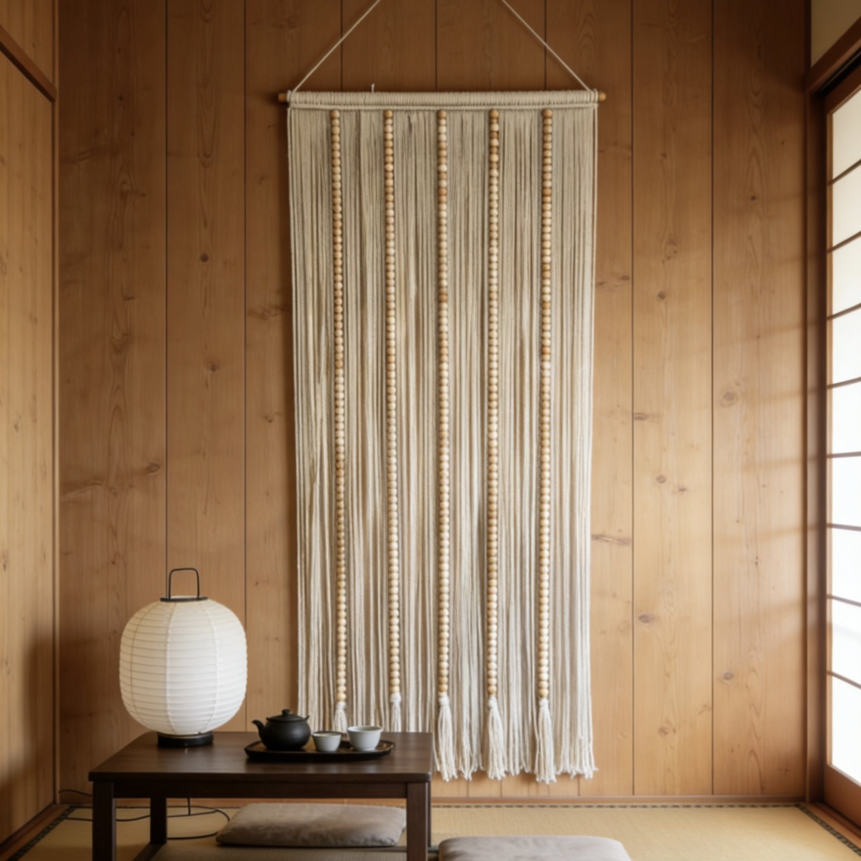 木珠流苏日式侘寂风编制挂毯流苏壁毯客厅卧室装饰画米白墙面挂饰