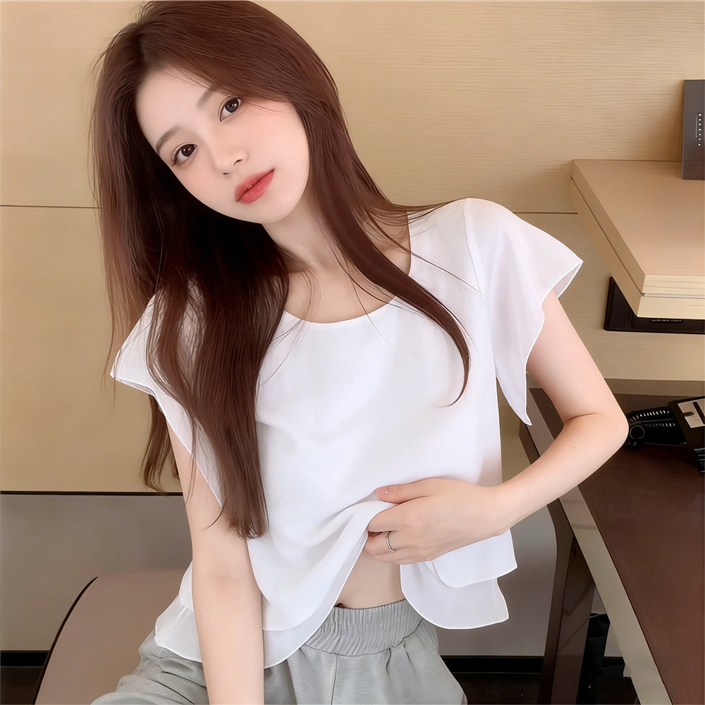 白色大码女装圆领上衣夏季新款宽松遮肚子雪纺短袖纯色打底娃娃衫
