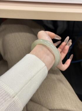 新疆和田玉湖水绿手镯女款晴水扁条平安镯青白玉茶色天然少女玉镯