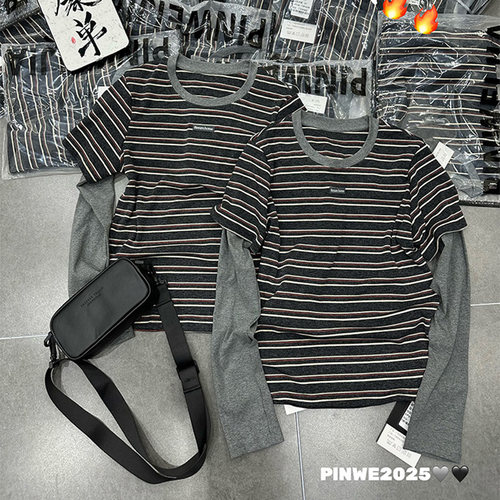 假两件拼接条纹长袖T恤打底衫