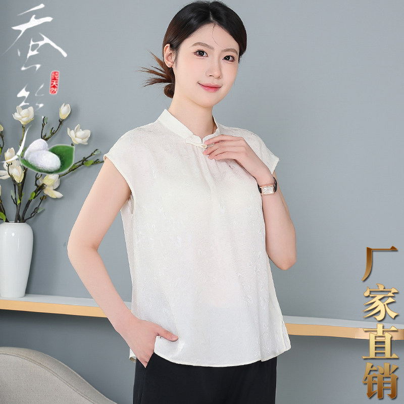 100%桑蚕丝新中式立领短袖T恤女