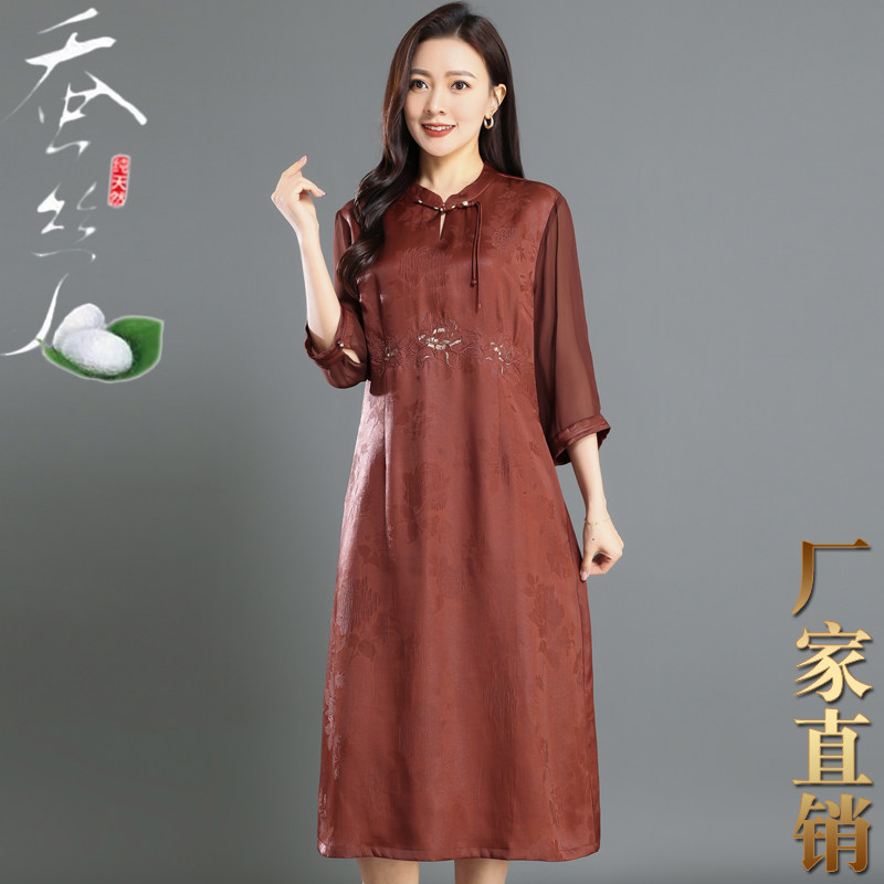 复古风中袖宽松腰香云纱连衣裙