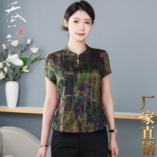 重磅真丝中式印花女短袖T恤