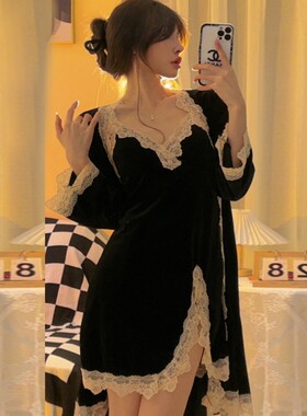 秋冬睡衣女性感金丝绒长袖睡袍两件套装蕾丝带胸垫吊带睡裙家居服