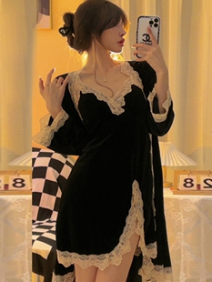 秋冬睡衣女性感金丝绒长袖睡袍两件套装蕾丝带胸垫吊带睡裙家居服