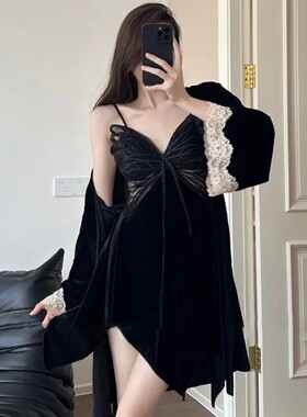 【蝴蝶夫人】金丝绒睡衣女性感2023秋冬新款纯欲显瘦吊带睡裙睡袍