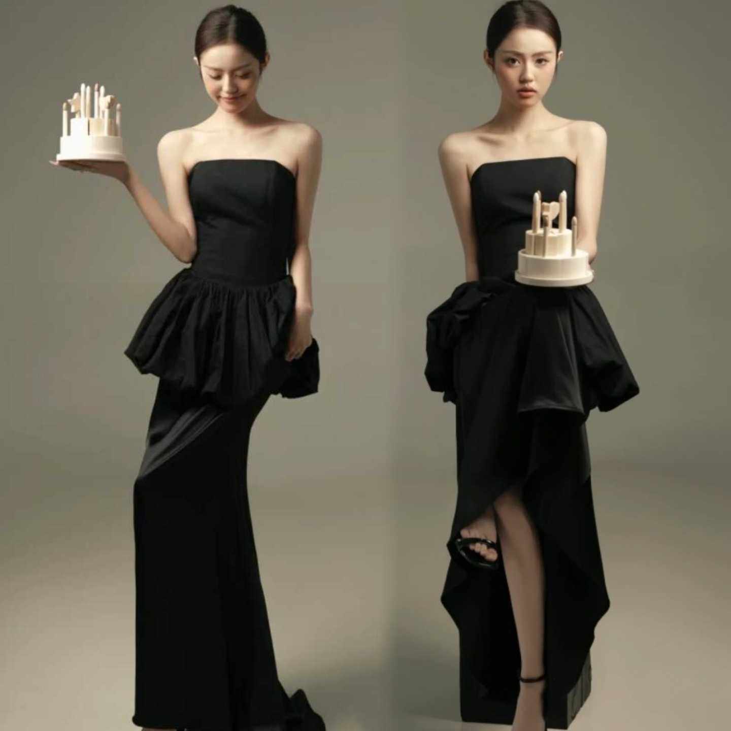 影楼新款甜美韩系画报生日抹胸黑色礼服半身裙肖像主题写真艺术照