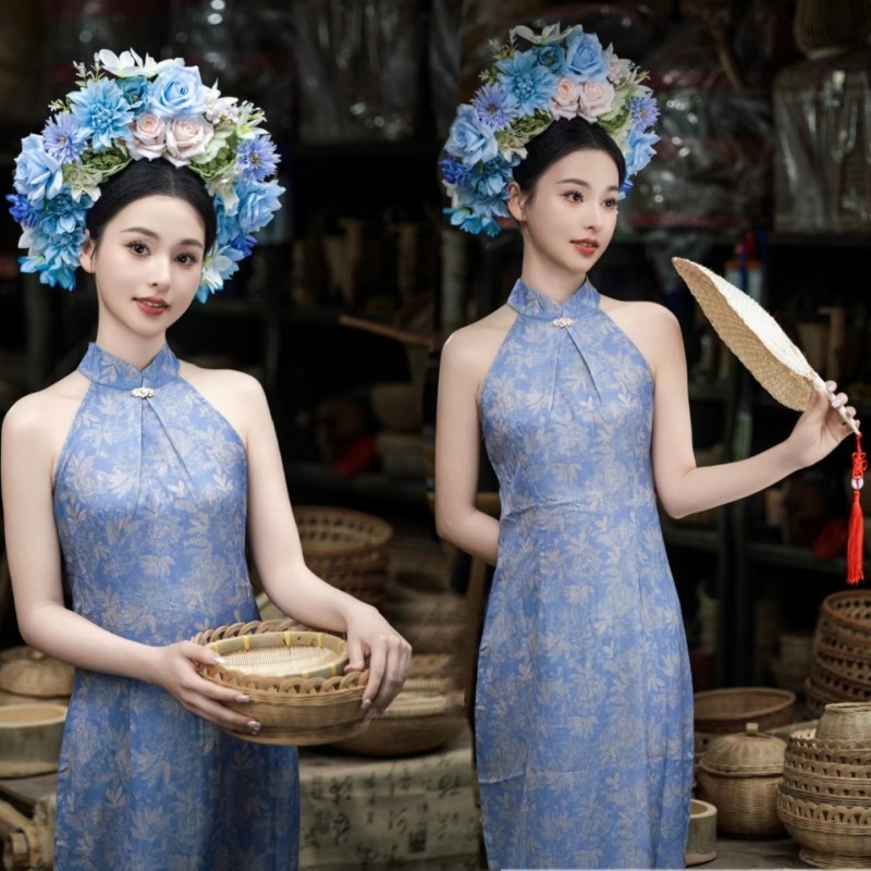 簪花复古蓝色旗袍写真服装