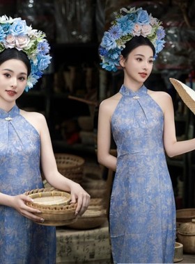 泉州新款浔埔女簪花复古蓝色旗袍写真服装外景旅拍民族艺术照摄影