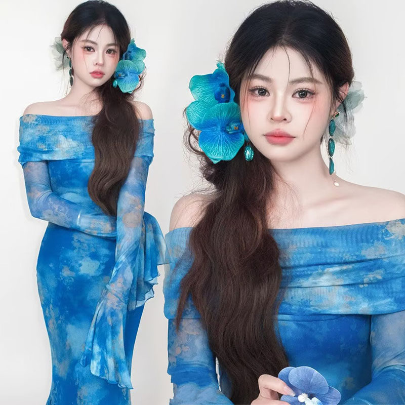 影楼新款个人韩系甜美室内氛围感蓝色礼服艺术肖像照写真摄影服装