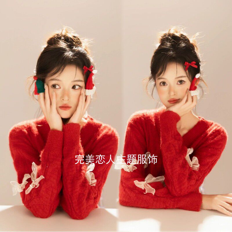 影楼新款新年圣诞主题红色可爱毛衣个人写真室内艺术照摄影服装