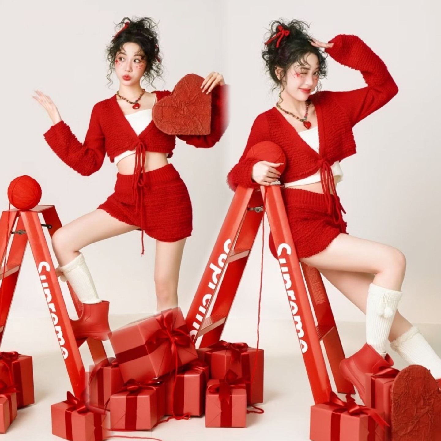 影楼个人写真圣诞主题摄影服装新款红色针织少女室内拍艺术照套装