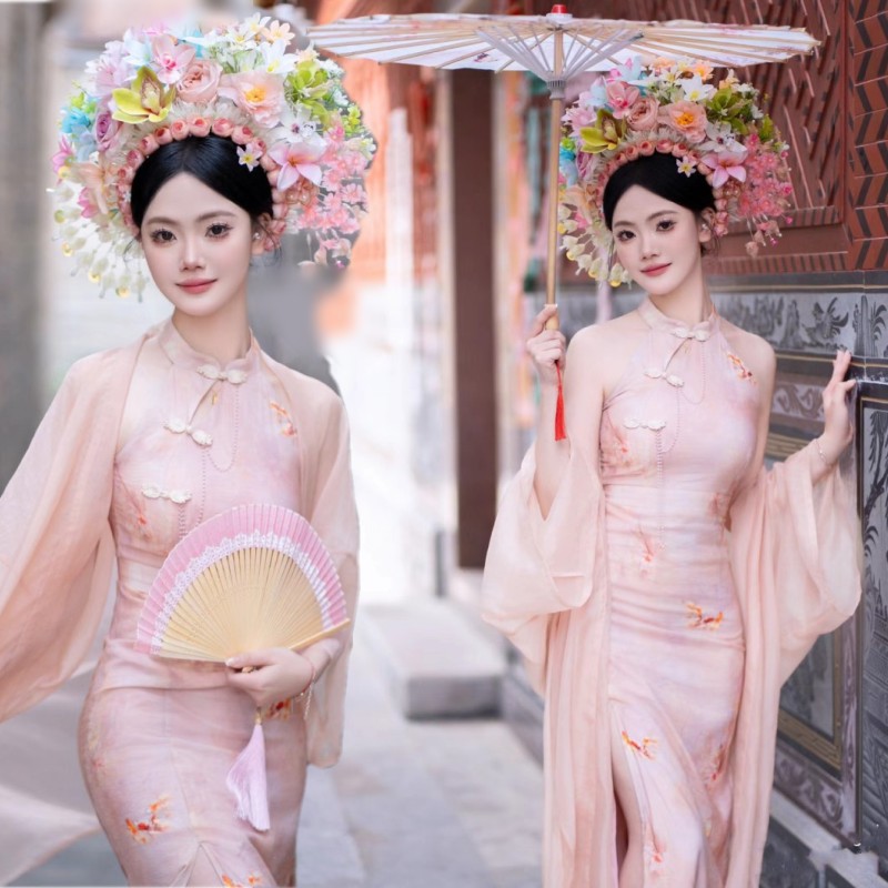 浔埔女簪花中式写真复古粉色旗袍