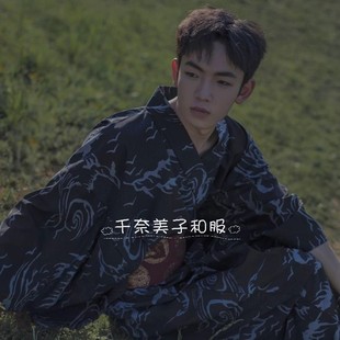 日本和服男武士和服正装 剑道黑色顺条纹传统夏日祭花火大会和服