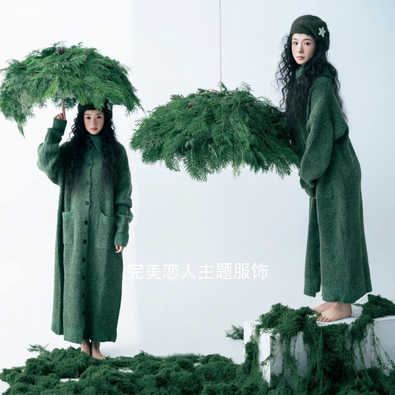影楼新款少女写真绿色针织毛衣