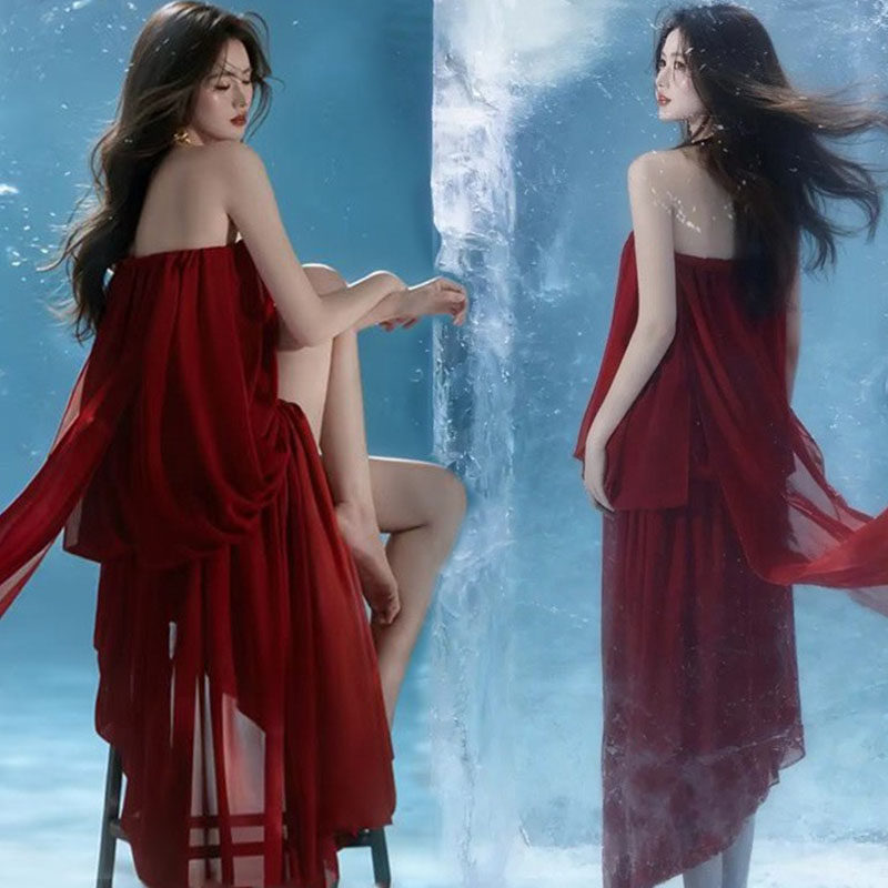 影楼新款个人拍照服装复古时尚红色礼服裙高级感文艺拍照写真服装