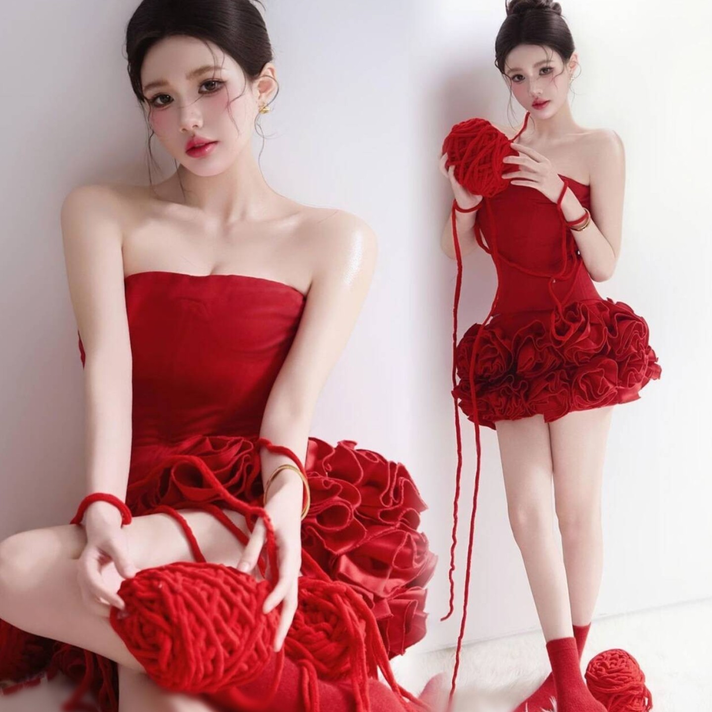新款影楼红色肖像写真照主题高级氛围个性抹胸艺术照气质摄影服装