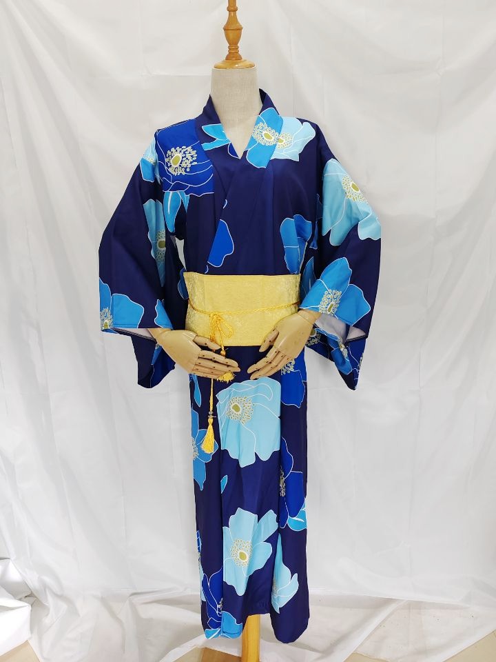 女款浴衣传统正装蓝色花朵连衣裙