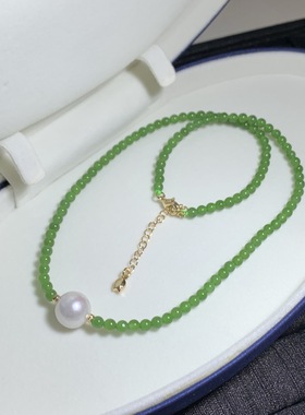 天然碧玉项链女款玉石锁骨链送女友礼物4mm配天然珍珠