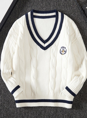 男女童毛衣针织外套春秋冬加厚中大童V领学院风棉白色毛线打底衫