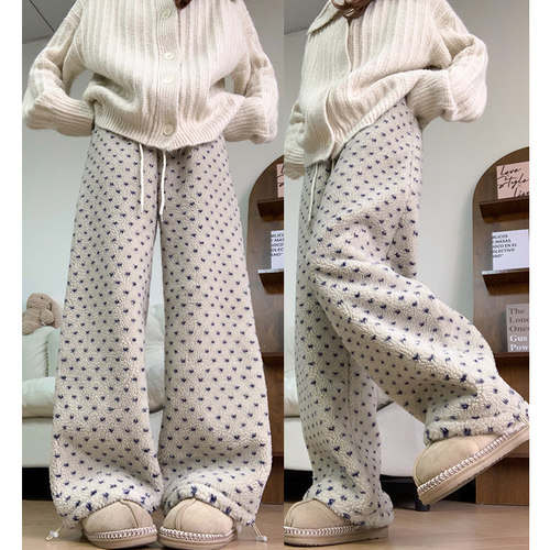 波点针织糯米裤女2025新款高腰显瘦小个子慵懒软糯摇粒绒阔腿裤子