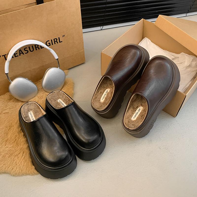 加绒厚底增高小个子包头网红博肯鞋女秋冬外穿2025新款复古半拖鞋