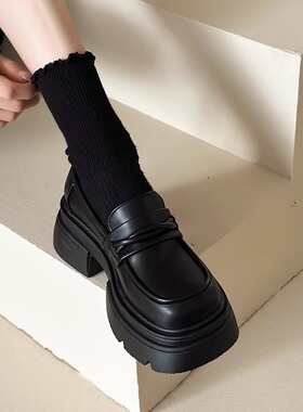 粗跟厚底小皮鞋女英伦风2026新款春秋单鞋一脚蹬女鞋子黑色乐福鞋