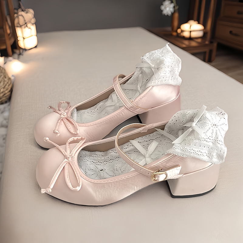 浅口芭蕾单鞋女蝴蝶结一字扣2025年春秋新款粗跟厚底舞蹈玛丽珍鞋