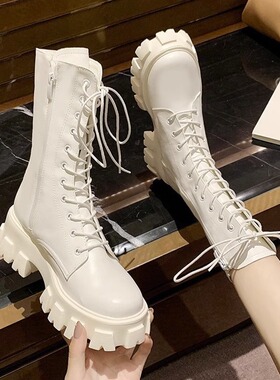 2026春秋小个子增高马丁靴女英伦风高帮女鞋厚底单靴白色中筒靴子