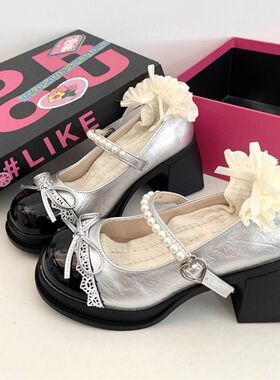 法式复古银色玛丽珍鞋女2026春秋新款厚底粗跟高跟鞋配裙子小皮鞋