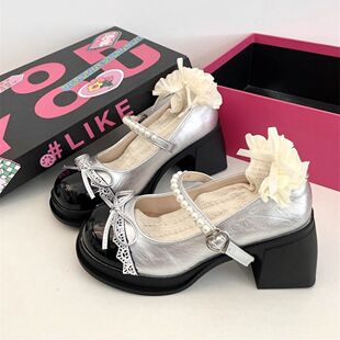 法式复古银色玛丽珍鞋女2026春秋新款厚底粗跟高跟鞋配裙子小皮鞋
