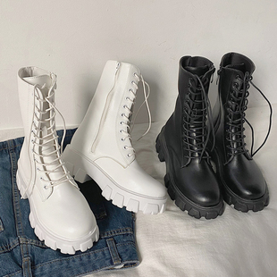 显瘦辣妹厚底增高系带短靴百搭中筒机车靴子 马丁靴女2026春秋新款