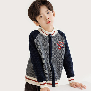 【全棉不起球】纯一良品男童立领毛衣外套 菠萝花 撞色拉链针织衫