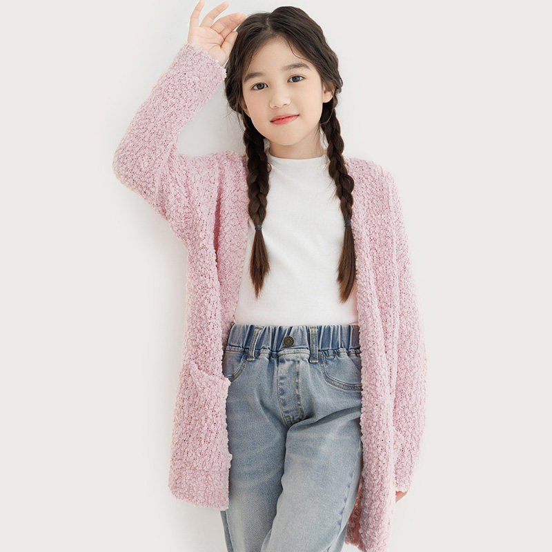 纯一良品女童中长款针织开衫 中大童牙刷绒毛衣外套时尚 2024秋装