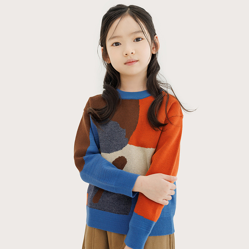 纯一良品女童圆领毛衣撞色针织衫