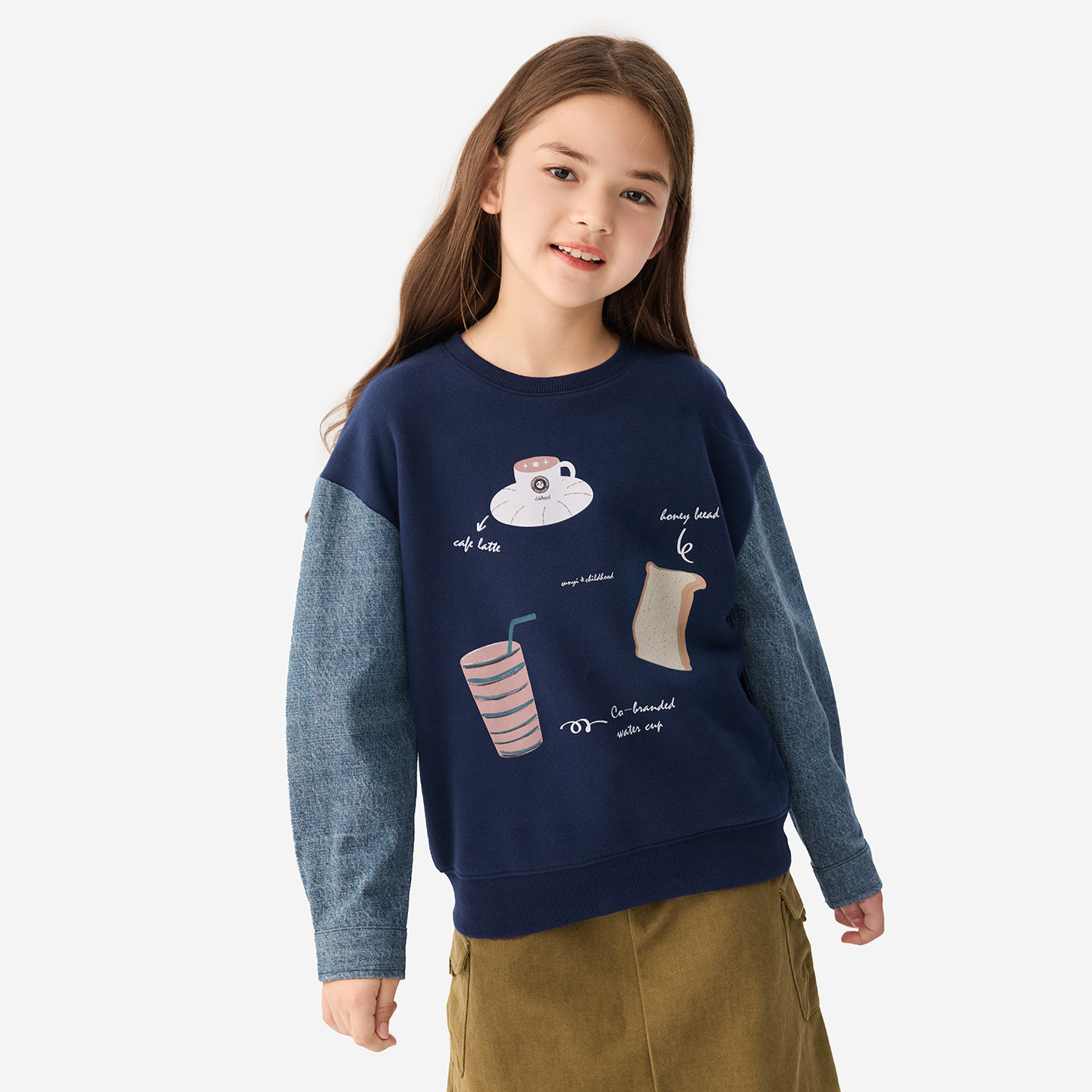 纯一良品女童卫衣中大童女孩秋季舒适抓绒圆领上衣卡通印花长袖