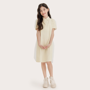 纯一良品女童翻领短袖连衣裙夏 小童甜美简约PoloT恤裙子网纱拼接