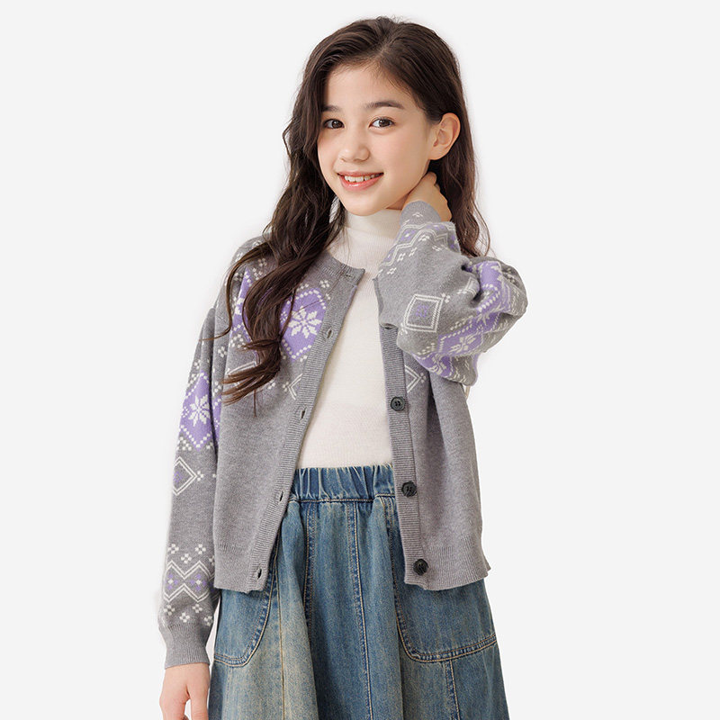 纯一良品童装女童针织开衫女孩秋季新款中大童时髦复古毛衣外套潮