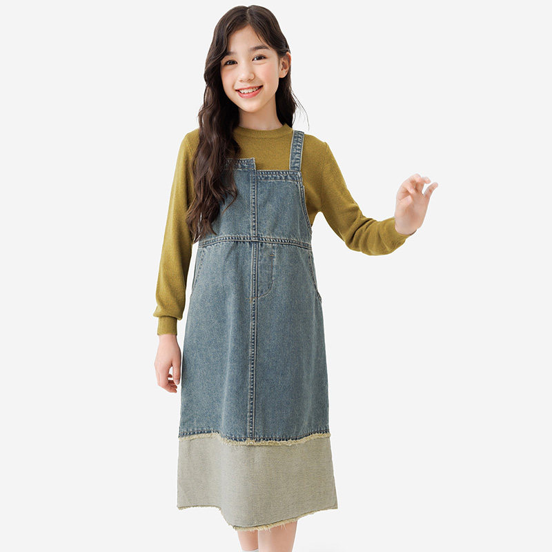 纯一良品女童长款拼接牛仔背带裙春秋 小孩复古背心连衣裙时尚9岁