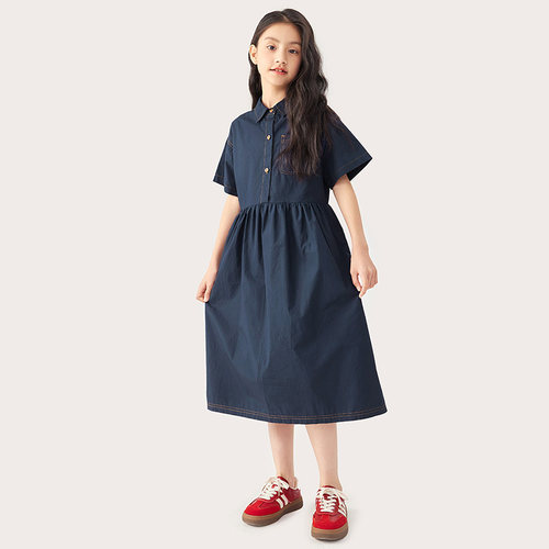纯一良品女童仿天丝翻领连衣裙夏