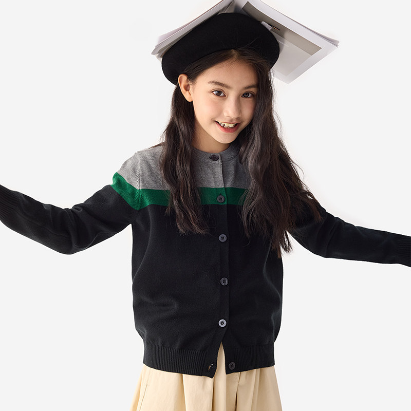 纯一良品童装女童针织开衫女孩秋季新款中大童学院风条纹针织外套