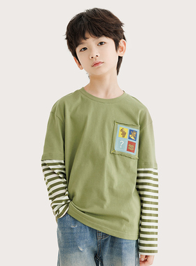 纯一良品男童圆领长袖T恤春秋 小熊贴布条纹拼接 假两件110-170码