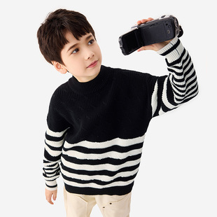 【全棉不起球】纯一良品男童半高领毛衣黑色 青少年落肩针织衫8岁