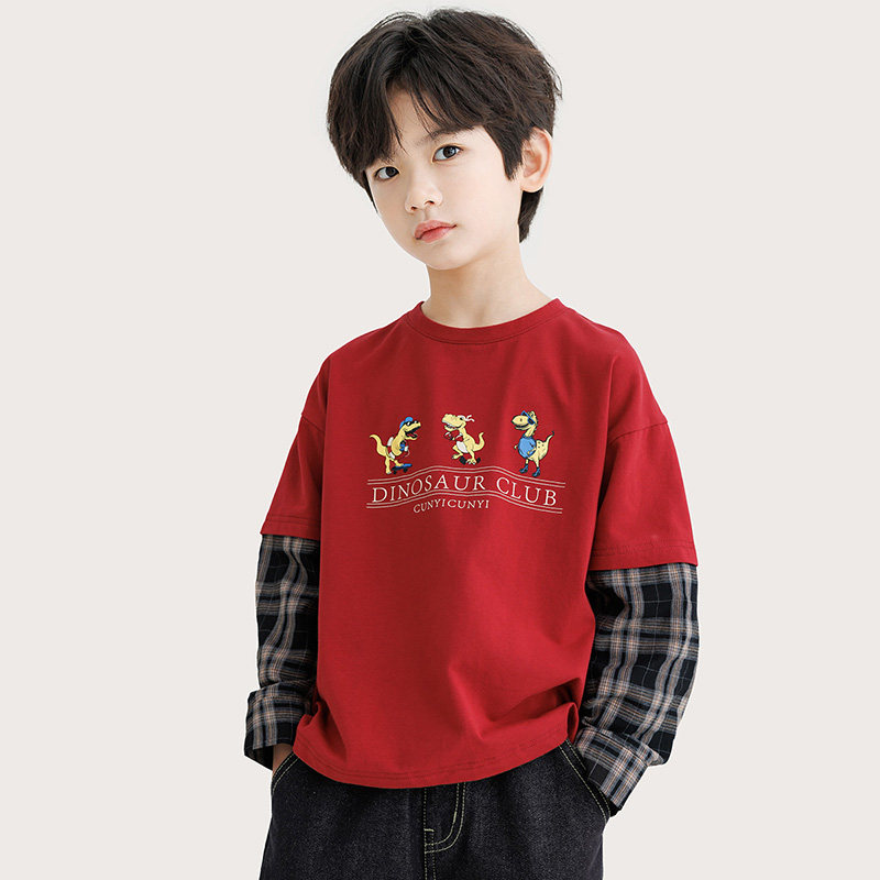 纯一良品男童跨肩长袖T恤红色 中学生恐龙印花拼接 假两件上衣9岁
