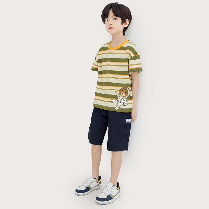 【全棉】纯一良品童装男童落肩短袖T恤 小孩彩色条纹体恤衫上衣