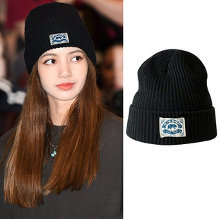blackpink Lisa同款黑色白标毛线针织帽子男女卡通韩版户外套头帽